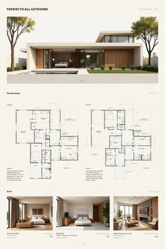 A professional architectural presentation board with a Pure background and a clean, minimalist design layout. The board includes:

Top Section: On the top left, a photorealistic render of a contempora