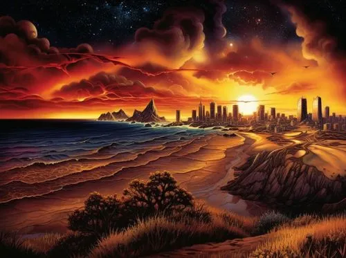 an artistic painting of a distant city at sunset,futuristic landscape,alien planet,dune landscape,post-apocalyptic landscape,fantasy landscape,scorched earth,fire planet,alien world,dune sea,terraform