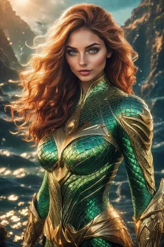 woman, ambient mysterious light, hyper detailed, highly detailed, insanely detailed, beautiful, realistic, stunning, perfect lighting, mind blowing, award winning,aquaman,fantasy woman,green mermaid s
