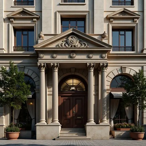 Ornate columns, classical pediments, symmetrical facades, grand entranceways, decorative pilasters, carved stone ornaments, rusticated bases, arched windows, rounded domes, ornate cornices, dentil mol