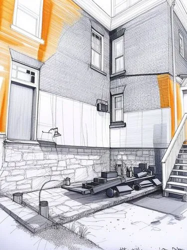 an open house with steps and windows,house drawing,apartment house,townhouse,render,rendering,rendered,an apartment,renovating,subdividing,boardinghouse,lofts,apartment,renovate,house painting,core re
