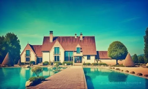 glass bricks tiles garden sunlight blue sky landscape people lake trees park hotel forest mountains summer,an elegant home sitting next to a blue body of water,pool house,luxury property,country house