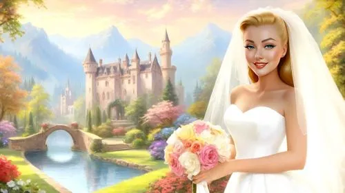 Romantic masterpiece oil painting, 1950's kitsch style, castle garden courtyard, bridal veil, high res, by Thomas Kinkade, by Bob Ross,a painting of a beautiful blonde bride standing in front of a cas