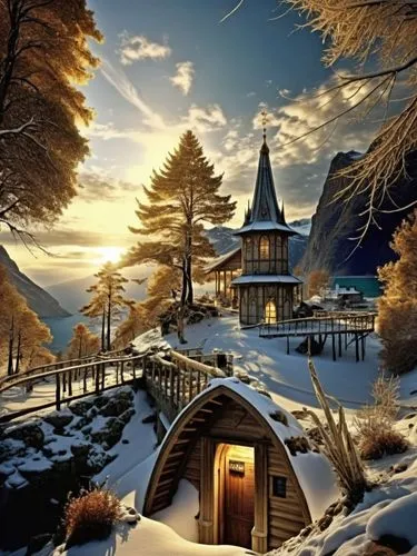 the cabin is set next to the snowy lake and trees,winter house,winter village,alpine village,winter landscape,mountain hut,mountain huts,the cabin in the mountains,snow house,home landscape,snow lands