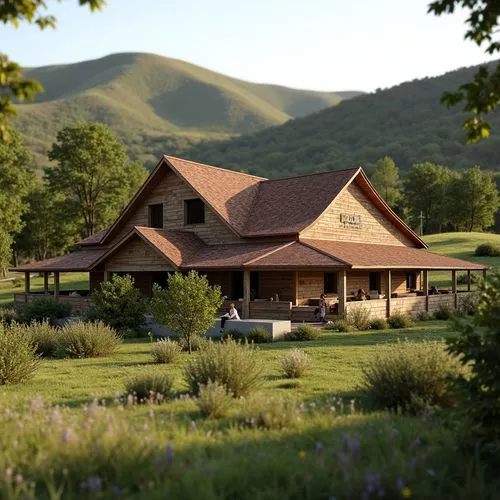 Curved sloping roofs, rustic natural materials, earthy tones, wooden shingles, clay tiles, regional architectural style, rural landscape, rolling hills, green pastures, wildflowers, sunny afternoon, w