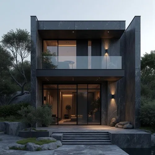  A luxurious, ultra-modern, three-story mansion with a sleek, dark gray marble facade and prominent vertical columns, situated in a refined, upscale residential setting. The exterior features large fl