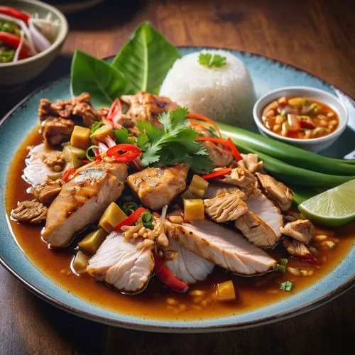a plate with thai chicken and other foods on it, in the style of pinhole photography,rustic ambient, rustic





,thai northern noodle,thai cuisine,indonesian dish,korat,thai,thai food,vietnamese cuis