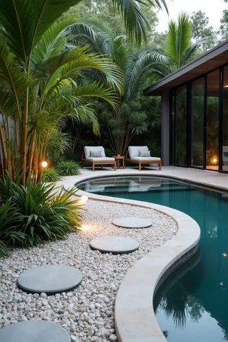 mood board of tropical garden with a pool smmoth curved shape with sand finish surrounded with white pebbeles and there random stepping stones there is also lighting under steping stones there is also