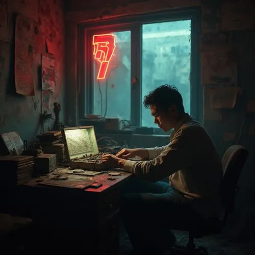 Within a decrepit apartment, illuminated solely by the flickering light of a malfunctioning neon sign outside the window, a man sits at a cluttered desk. Surrounded by obsolete electronics and stacks 