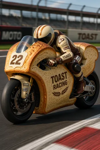 a racing motorbike in the shape of two toast slices
,a person riding a toast motorcycle on a track,ducat,wooden motorcycle,racing bike,race bike,side car race,sidecars,gold paint stroke,sidecar,electr