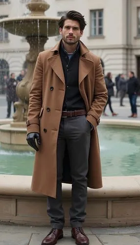 A polished fall look with a single-breasted trench, cigarette pants, and leather gloves. He’s standing by a fountain in a public square, exuding European-inspired elegance.