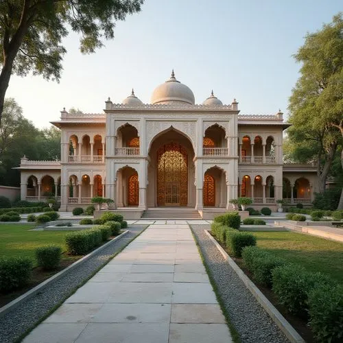 Design an Indian palace-inspired villa with jali screens, domed pavilions, and lush courtyards.,a very elaborate palace with a walkway leading to the main door,safdarjung,after the ud-daula-the mausol