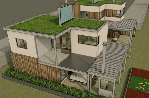 dos casas linderas , minimalistas , de estilos diferentes , con paredes de mamposteria estucada , en colores engamados y carpinterias de madera , panelo solar en el techo  y un jardin circundate , con