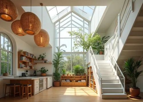 An open, contemporary loft with a unique skylight ceiling. The space features wicker pendant lights that cast soft, patterned shadows, while a white staircase leads to a rooftop garden visible through