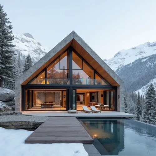 A hyper-realistic, high-resolution architectural photograph of a luxurious, alpine-style modern villa nestled in a mountainous landscape. The home features a prominent A-frame roof and is constructed