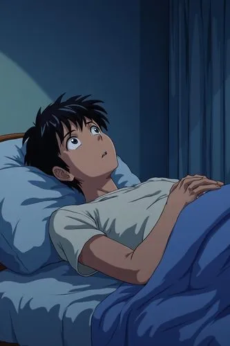 man laying in bed staring at the ceiling in thought, pensive , muted retro colors, 80s anime still, grainy, by Yoshiaki Kawajiri and Tsukasa Hojo and Toshihiro Kawamoto




,the young man is laying in