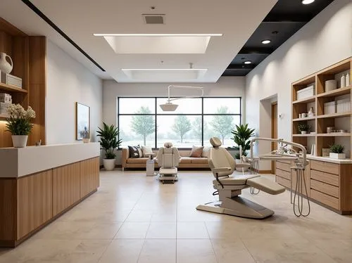 Modern dental clinic interior, sleek reception desk, comfortable waiting area, calming color scheme, natural wood accents, minimalist decor, efficient floor plan, private treatment rooms, advanced med