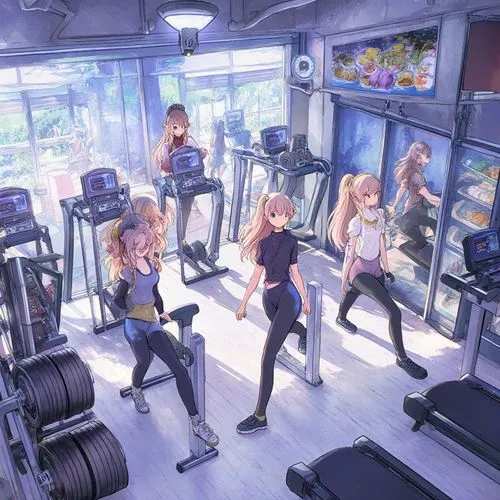 Detailed and realistic manga style:

A high-tech fitness center where beautiful elf women work out in a friendly atmosphere.

The center is divided into several sections: Weight Training, Cardio, Flex