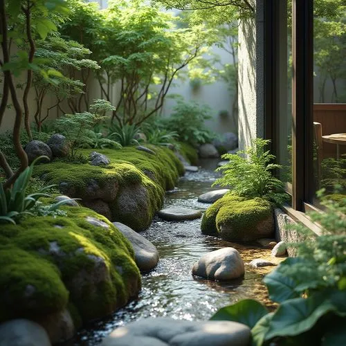 Living room balcony view The front of the balcony is a stream landscape composed of moss, plants, and stones Photographer's lens Ultra Realistic Ultra Clear 4K realistic


,a view of a small pond in a