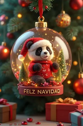 Create a festive scene with a teddy panda bear inside a transparent ornament hanging from a Christmas tree. The panda bear is adorned with a red Santa hat and a floral sweater. Surrounding the panda b