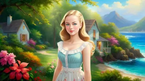 Romantic masterpiece oil painting, cute girl portrait, nostalgic 1950's style kitsch, vibrant seaside cottage landscape, lush tropical summer beach scenery, by Thomas Kinkade, by Bob Ross,landscape ba