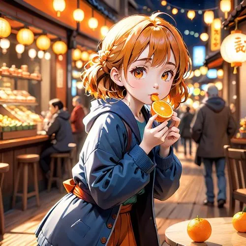 japanese style, manga, realistic,girl,eating orange,the woman is eating food on the wooden table,honoka,autumn taste,satsuma,haru,tangerines,woman eating apple,Anime,Anime,Cartoon