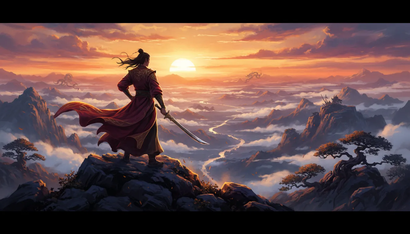 Un dipinto digitale cinematografico in stile Wuxia di un guerriero con vesti fluenti, che si erge eroicamente sulla cima di una montagna al tramonto.