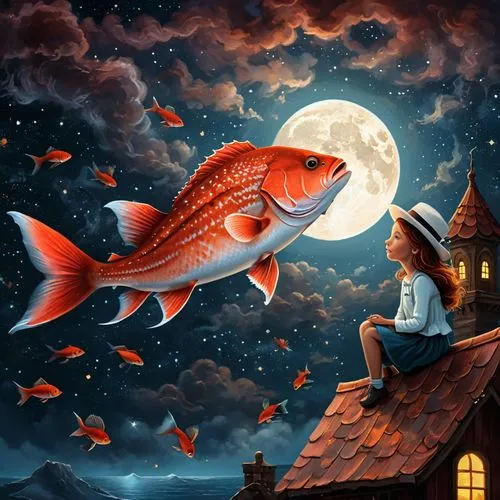 A detailed digital illustration of a great red fish in the night sky. The focal point is the large brown scales of the fish, with the human hand on the roof and the woman who wears a white hat sitting