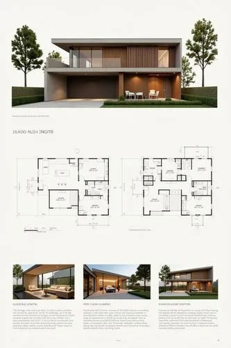 A professional architectural presentation board with a Pure background and a clean, minimalist design layout. The board includes:

Top Section: On the top left, a photorealistic render of a contempora
