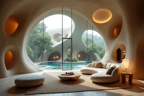 Design stunning glass-walled retreats harmonizing nature with modern elegance.,a living room with round shaped windows and circular chairs,spaceship interior,interior design,interior modern design,sit