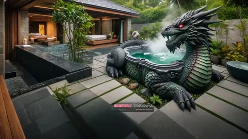 ВАННАЯ КОМНАТА С ДЖАКУЗИ И БАССЕЙНОМ ,the water is steam rising from a dragon fountain,besiege,gryphon,augmented reality,dragon design,painted dragon,griffin,dragon,exotic bird,raptor perch,basilisk,s