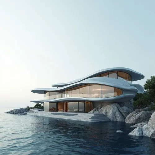 on the sea,an unusual house is sitting on a large rock,house by the water,dunes house,house of the sea,malaparte,snohetta,floating huts,modern house,oceanfront,luxury property,cubic house,dreamhouse,h