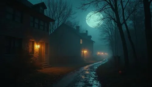 halloween random scene from horror movie,woman standing alone in the middle of a dark road,creepy house,hauntingly,haunted house,hauntings,fantasy picture,the haunted house