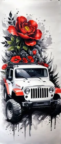 By Tun Tun,  Create tattoo design, red,   black and white, American fighter jeep and flowers. Please provide an in-depth critique of my artwork. Assess the composition, balance, and use of color, disc