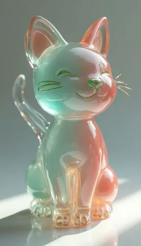[cat] figurine by glass, in the style of layered translucency, [green] and [pink], Light], 20 megapixels, transparency,this glass cat sits on its side and looks sad,glass yard ornament,glass ornament,