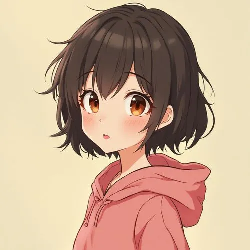 "A minimalistic flat-color anime-style illustration of a young woman in a lo-fi aesthetic. She has a slender silhouette outlined by thick 5-pixel black lines, with human-like proportions. Her short, s