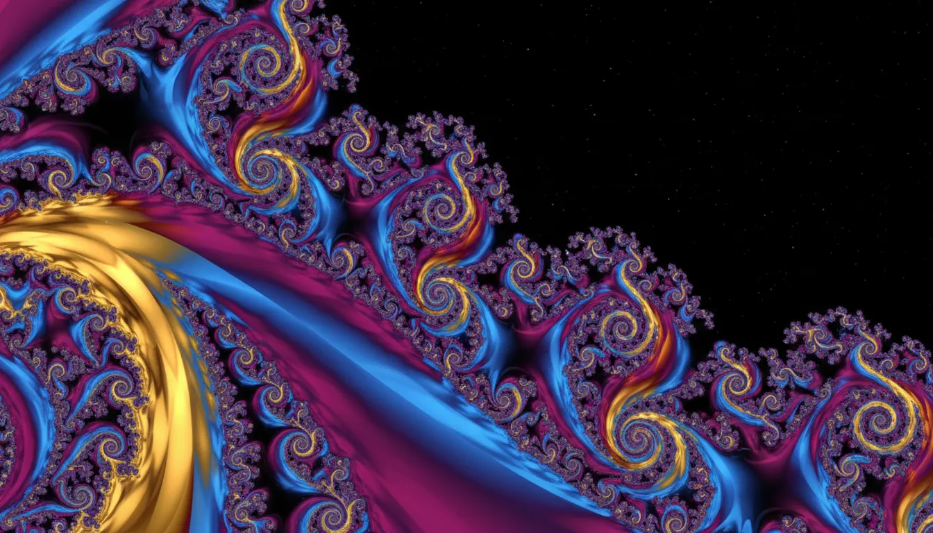 नीले, बैंगनी और सुनहरे रंग के घूमते हुए पैटर्न के साथ एक बहुत विस्तृत, रंगीन Mandelbrot सेट का विज़ुअलाइज़ेशन, जो एक पोस्टर पृष्ठभूमि के लिए एकदम सही है।