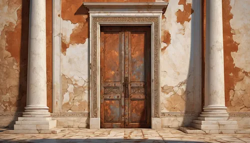Write a poetic piece about a rusted ferruginous door standing in solitude.,church door,old door,doorway,wooden door,door,main door,doors,the door,front door,rusty door,portal,home door,terracotta,iron