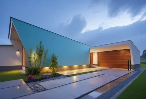 a home with light colored walls and landscaping,modern house,roof landscape,modern architecture,cube house,cubic house,grass roof