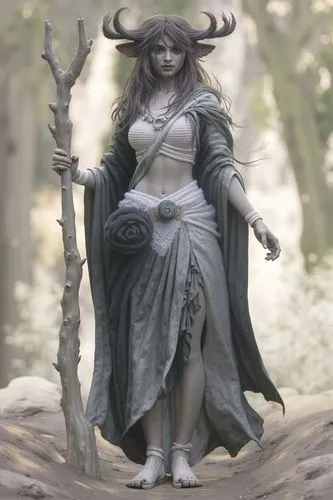 a statue in a forest with horns on her head,mother earth statue,goddess of justice,druids,druidism,raven sculpture,priestess,figure of justice,stone statue,druid,allies sculpture,the enchantress,angel