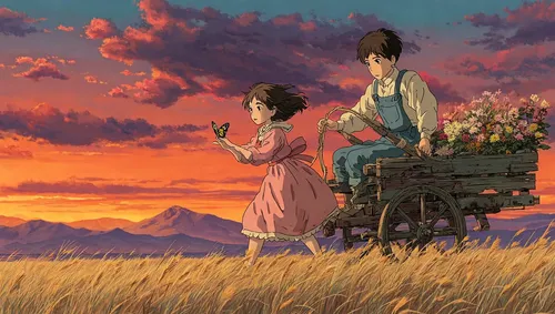 5.Miyazaki's anime-inspired style, featuring a pair of siblings pushing a wooden cart stacked with wildflowers, the older sister in a pink gingham dress and the younger brother in overalls, with a but