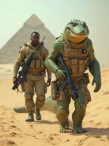 A high-resolution, cinematic close-up shot of an Egyptian soldier walking alongside a humanoid crocodile in tactical gear, both advancing toward the camera with the Great Pyramids of Giza in the backg