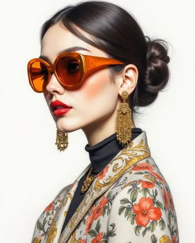fashion show's atmosphere,, black sleeves below it Top fashion poster, female model wearing a pair of stylish earrings made with gold, contour light, ear close-up, fine skin texture, earrings highligh
