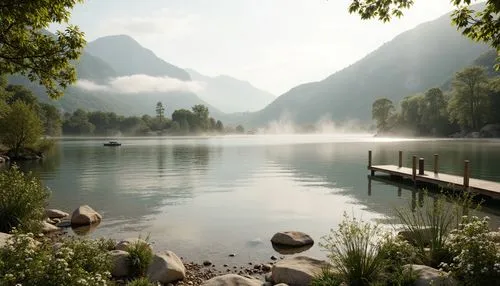 Soft misty mountains, calming lake scenery, serene natural ambiance, gentle water ripples, warm beige stones, weathered wooden docks, lush green foliage, delicate white flowers, subtle mist effects, s