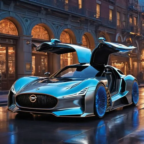 Futuristic sports car, shiny metallic silver, gull-wing doors, sleek aerodynamic design, glowing blue headlights, aggressive front grille, 20-inch alloy wheels, low-profile tires, dynamic spoiler, car
