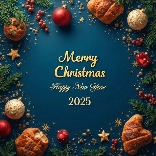 Create a visually festive xmas food Email banner dominated by blue and gold colors. "Merry Christmas" and "Happy New Year 2025" written slightly tilted in fancy golden letters in the middle,many piece