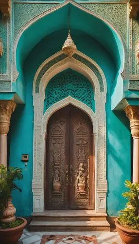 Traditional Indian-style villa, intricately carved wooden doors, ornate balconies with intricate stone carvings, vibrant turquoise walls, white marble floors, lush greenery surrounding the building, t