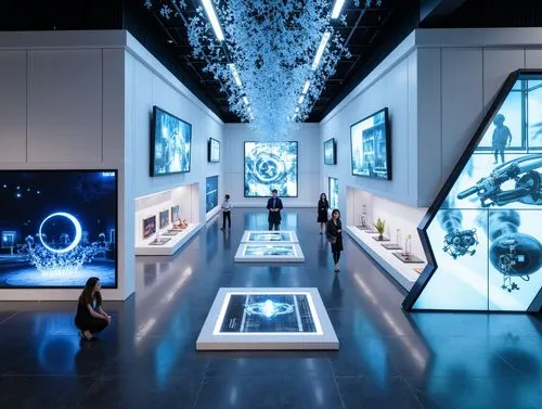 Futuristic museum interior, neon-lit exhibition halls, sleek metallic surfaces, holographic displays, interactive touchscreens, virtual reality experiences, minimalist white spaces, angular lines, geo