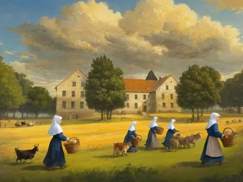 a picturesque painting in the style of Pieter Bruegel, from left to right German nuns with hoes and baskets are walking home from work in the field, one nun is driving cows and gray goats, herds of ge
