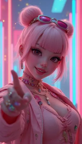a woman with glasses posing in front of neon lights,artist doll,bubblegum,neon tea,pinky,barbie,pink background,cosmetic,hip rose,coco,guava,lychee,female doll,pink double,neon coffee,bonbon,synthetic